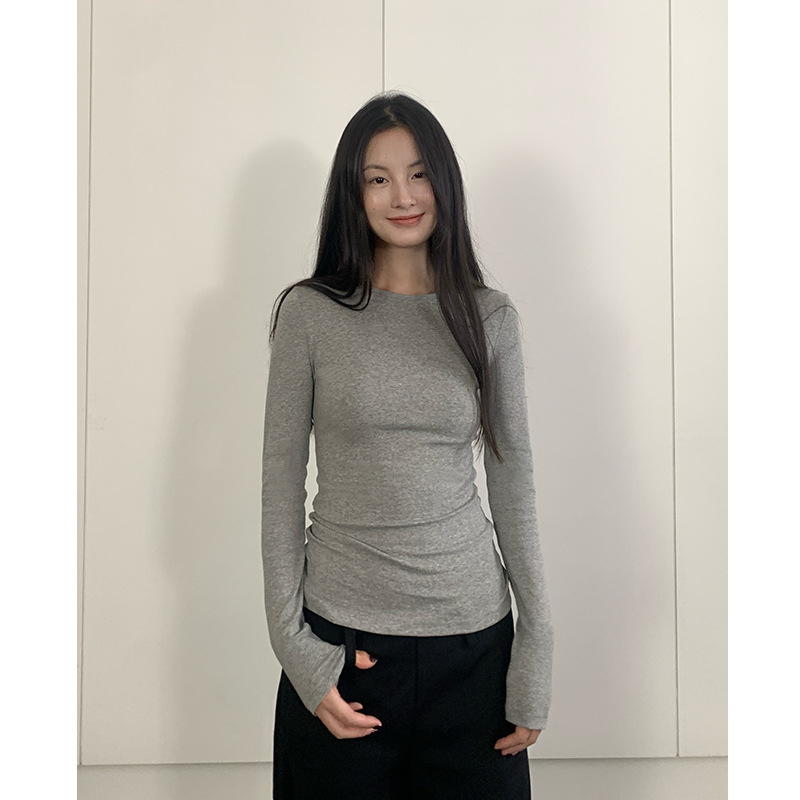 Naiste pikkade varrukatega T-särk ümmarguse kaelusega, puuvillast-elastaanist segu, ühetooniline, 3D lõige