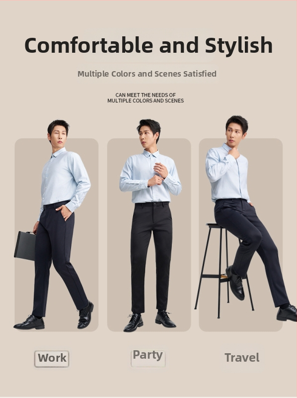 Pánske nohavice z vlneného materiálu – rovný strih, stredná výška pásu, zmes vlneného a kašmírového vlákna, bez žehlenia, do kancelárie, s viacerými vreckami