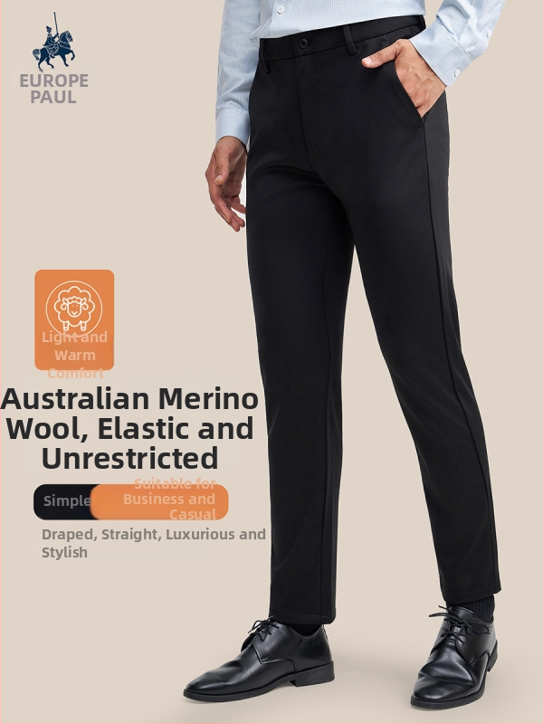Pánske nohavice z vlneného materiálu – rovný strih, stredná výška pásu, zmes vlneného a kašmírového vlákna, bez žehlenia, do kancelárie, s viacerými vreckami