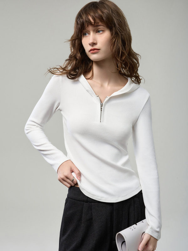 Μπλούζα με κουκούλα και μακριά μανίκια, γραμμή Slim, από βισκόζη, λεπτομέρεια patchwork, φθινόπωρο 2025