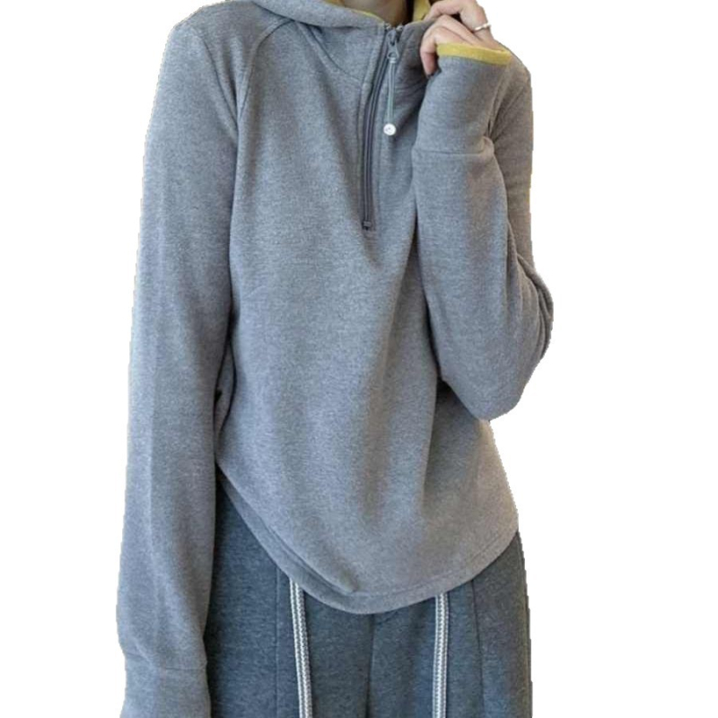 Hanorac din velur cu glugă pentru femei – mâneci lungi, croială lejeră, design colaj/splicing