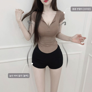 Tricou din bumbac, croială slim, guler semi-deschis, mâneci scurte, 95% bumbac, vară 2024