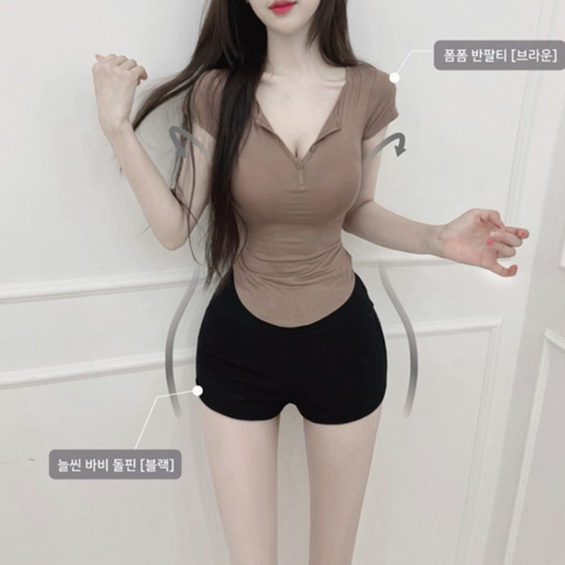 Tricou din bumbac, croială slim, guler semi-deschis, mâneci scurte, 95% bumbac, vară 2024