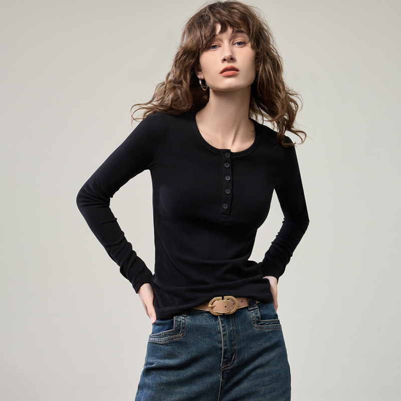 Μπλούζα με μακρύ μανίκι και γιακά Henley (βισκόζη ίνα; μακρύ μανίκι; στενή γραμμή; κανονικό μήκος)