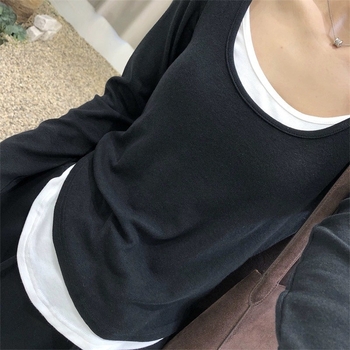 Naistele pikkade varrukatega T-särk vale kaheosaline väljanägemise, igapäevane stiil (Kangas: viskoos; Põhikangas: viskoos; Teine koostis: spandeks; Muster: ühekordne; Stiil: vale kaheosaline komplekt)