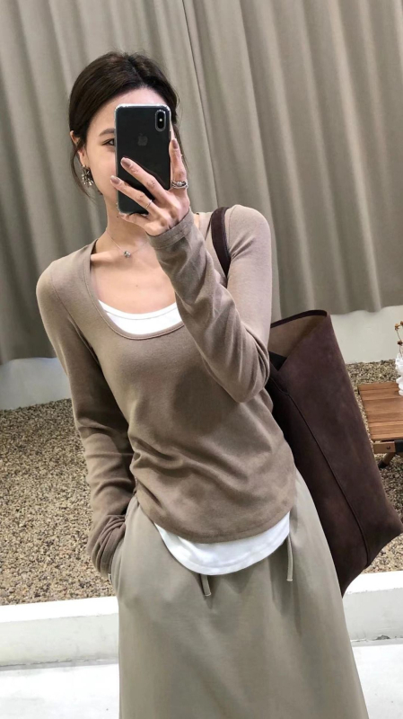 Naistele pikkade varrukatega T-särk vale kaheosaline väljanägemise, igapäevane stiil (Kangas: viskoos; Põhikangas: viskoos; Teine koostis: spandeks; Muster: ühekordne; Stiil: vale kaheosaline komplekt)