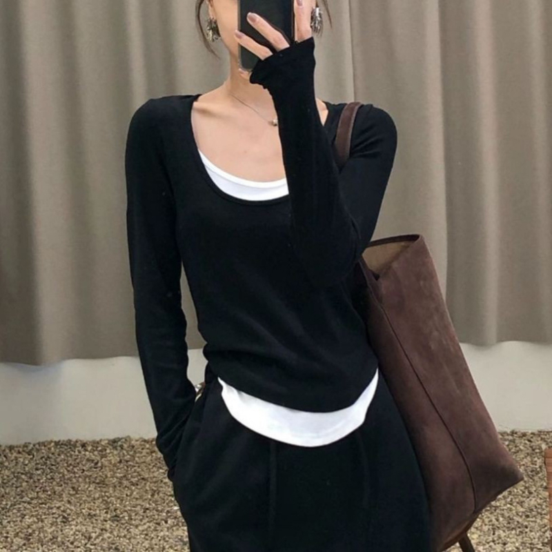 Naistele pikkade varrukatega T-särk vale kaheosaline väljanägemise, igapäevane stiil (Kangas: viskoos; Põhikangas: viskoos; Teine koostis: spandeks; Muster: ühekordne; Stiil: vale kaheosaline komplekt)