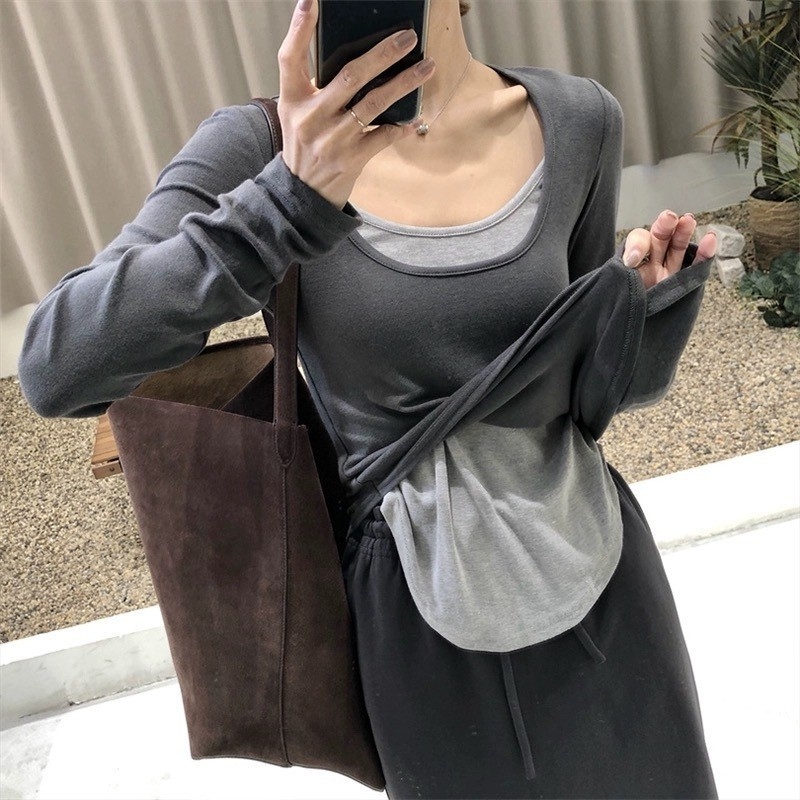 Naistele pikkade varrukatega T-särk vale kaheosaline väljanägemise, igapäevane stiil (Kangas: viskoos; Põhikangas: viskoos; Teine koostis: spandeks; Muster: ühekordne; Stiil: vale kaheosaline komplekt)