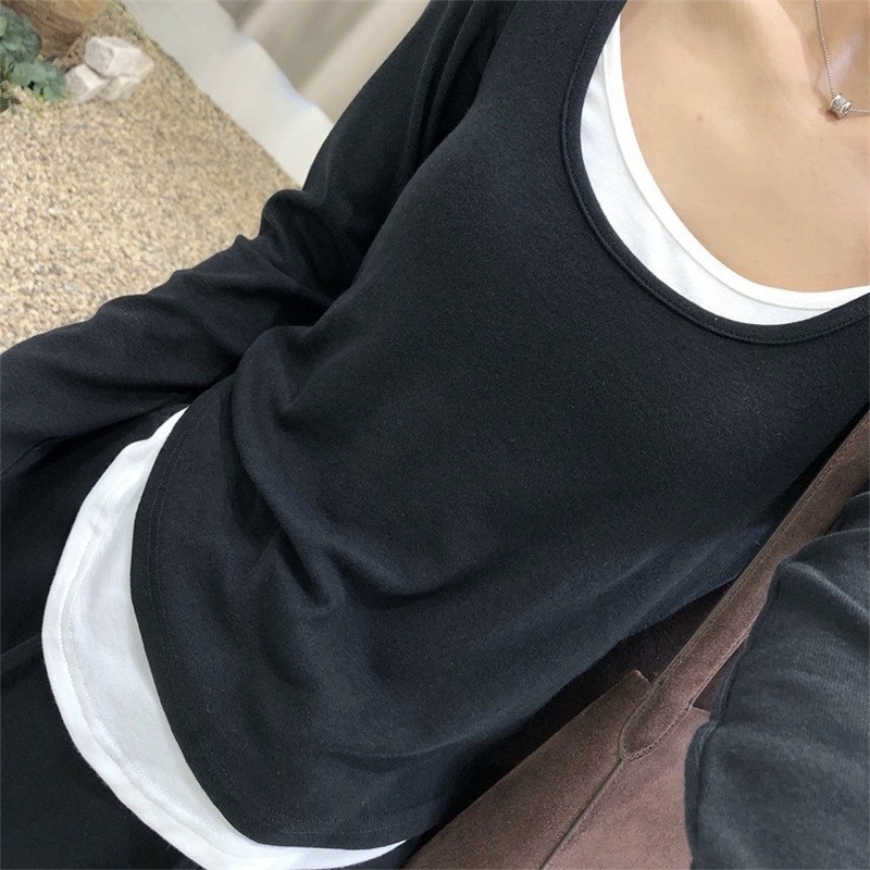 Naistele pikkade varrukatega T-särk vale kaheosaline väljanägemise, igapäevane stiil (Kangas: viskoos; Põhikangas: viskoos; Teine koostis: spandeks; Muster: ühekordne; Stiil: vale kaheosaline komplekt)