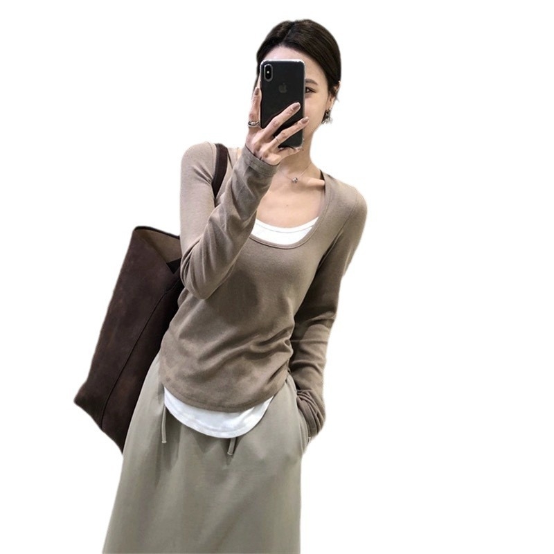 Naistele pikkade varrukatega T-särk vale kaheosaline väljanägemise, igapäevane stiil (Kangas: viskoos; Põhikangas: viskoos; Teine koostis: spandeks; Muster: ühekordne; Stiil: vale kaheosaline komplekt)