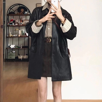 Kožená bunda- kabát pre ženy, stredne dlhý, jednosmerné zapínanie, golt štýlu sako, voľný strih