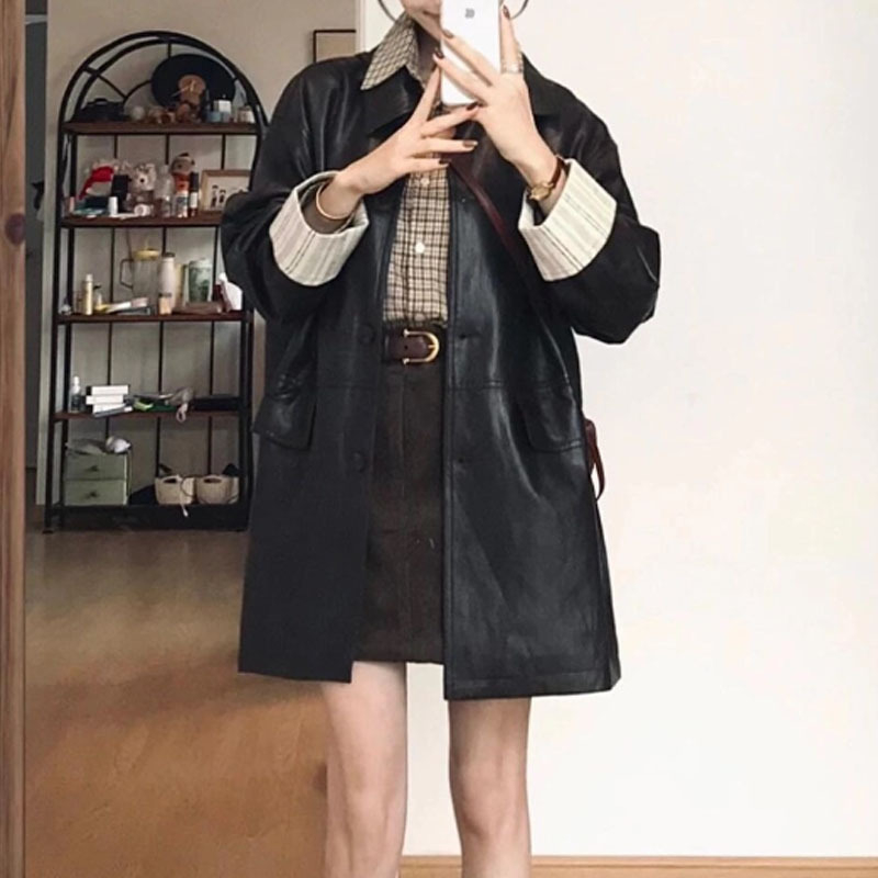 Kožená bunda- kabát pre ženy, stredne dlhý, jednosmerné zapínanie, golt štýlu sako, voľný strih