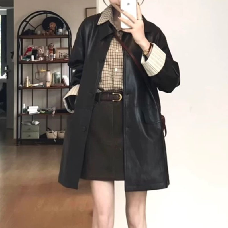 Kožená bunda- kabát pre ženy, stredne dlhý, jednosmerné zapínanie, golt štýlu sako, voľný strih