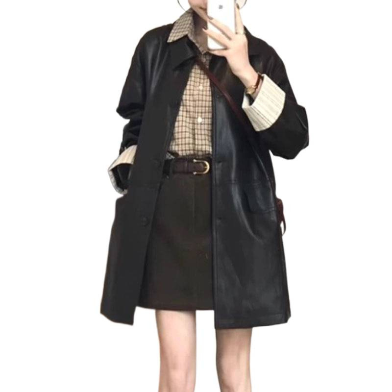 Kožená bunda- kabát pre ženy, stredne dlhý, jednosmerné zapínanie, golt štýlu sako, voľný strih