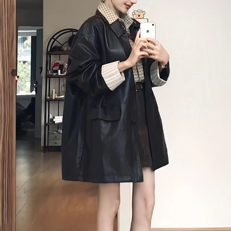 Kožená bunda- kabát pre ženy, stredne dlhý, jednosmerné zapínanie, golt štýlu sako, voľný strih