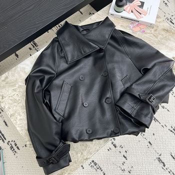 PU kožená bunda s dvojradovým zapínaním na gombíky, stojací golier, normálna dĺžka, dlhé rukávy