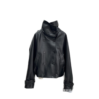 PU kožená bunda s dvojradovým zapínaním na gombíky, stojací golier, normálna dĺžka, dlhé rukávy