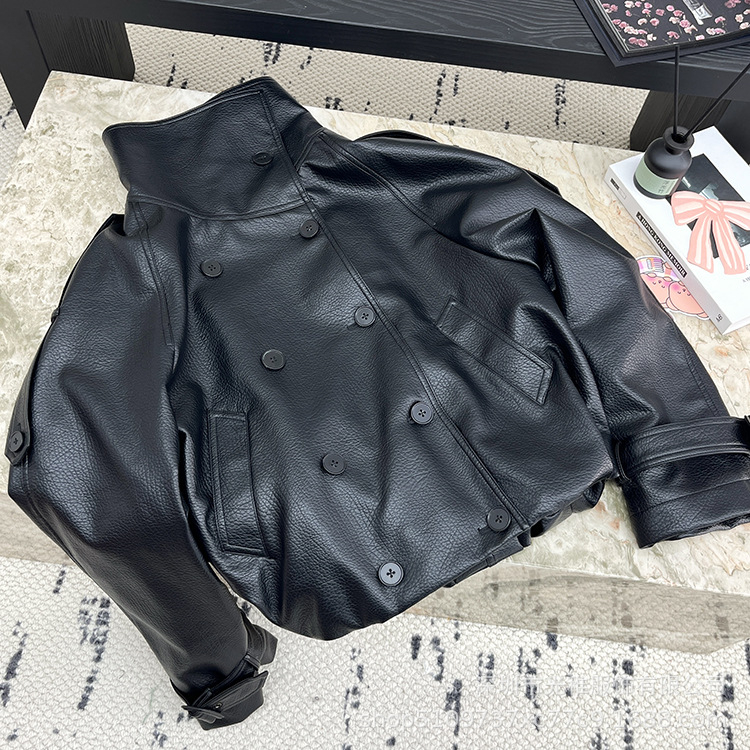PU kožená bunda s dvojradovým zapínaním na gombíky, stojací golier, normálna dĺžka, dlhé rukávy