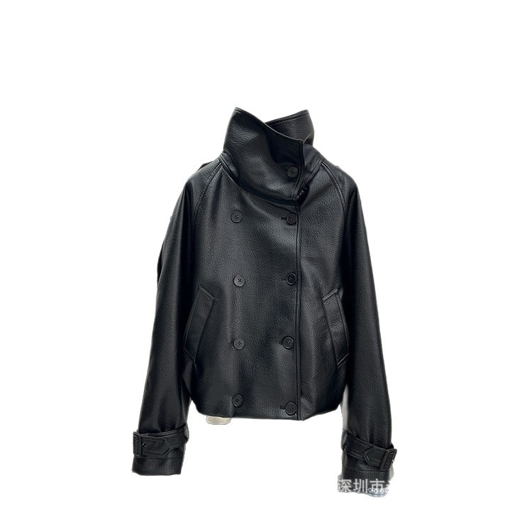 PU kožená bunda s dvojradovým zapínaním na gombíky, stojací golier, normálna dĺžka, dlhé rukávy