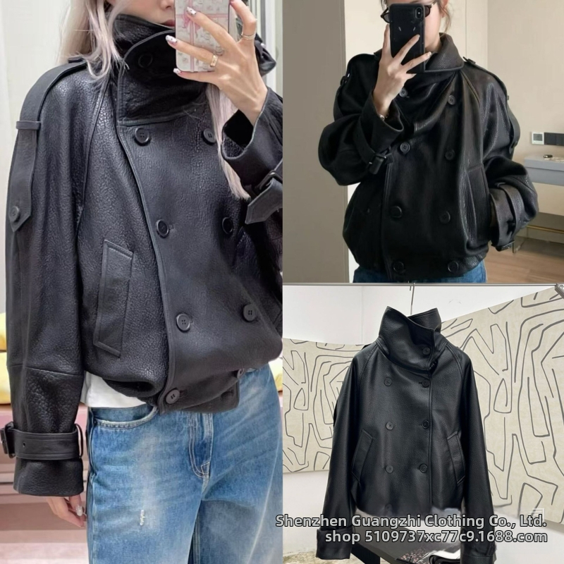 PU kožená bunda s dvojradovým zapínaním na gombíky, stojací golier, normálna dĺžka, dlhé rukávy