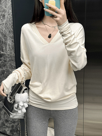 Tricou damă decolteu în V, mâneci lungi, viscoză, croială lejeră