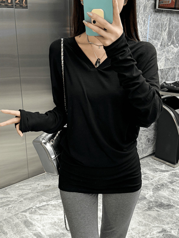 Tricou damă decolteu în V, mâneci lungi, viscoză, croială lejeră