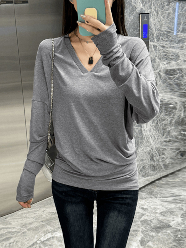 Tricou damă decolteu în V, mâneci lungi, viscoză, croială lejeră