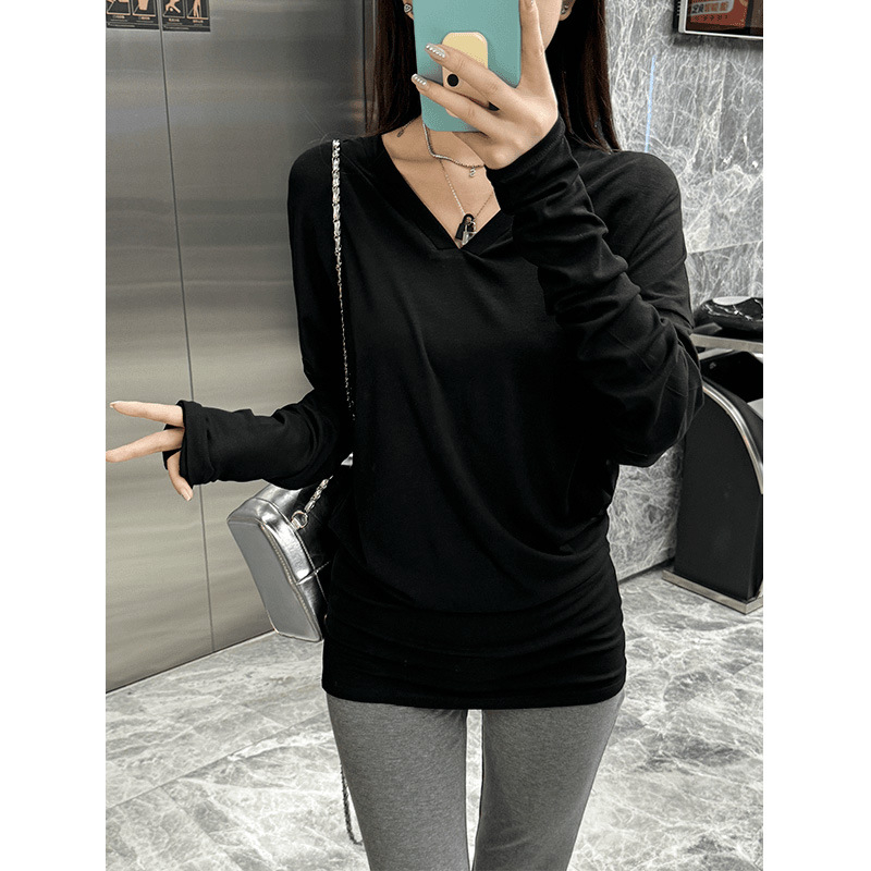 Tricou damă decolteu în V, mâneci lungi, viscoză, croială lejeră