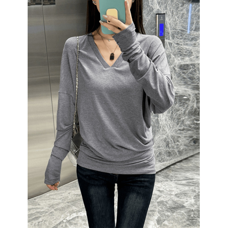 Tricou damă decolteu în V, mâneci lungi, viscoză, croială lejeră