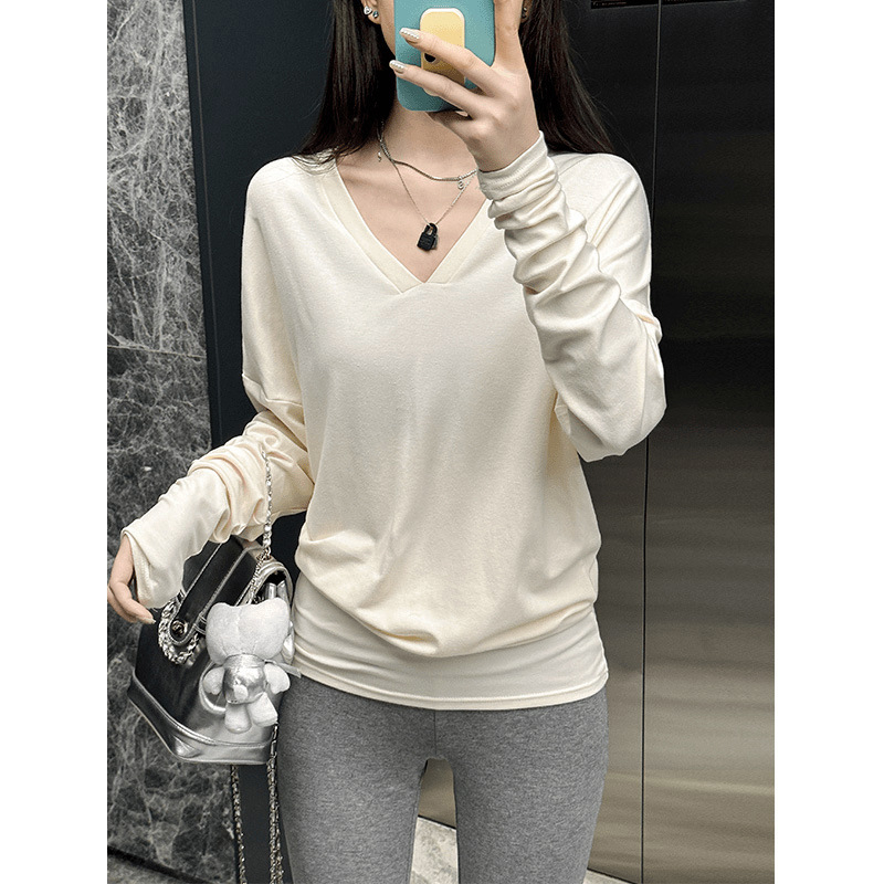 Tricou damă decolteu în V, mâneci lungi, viscoză, croială lejeră