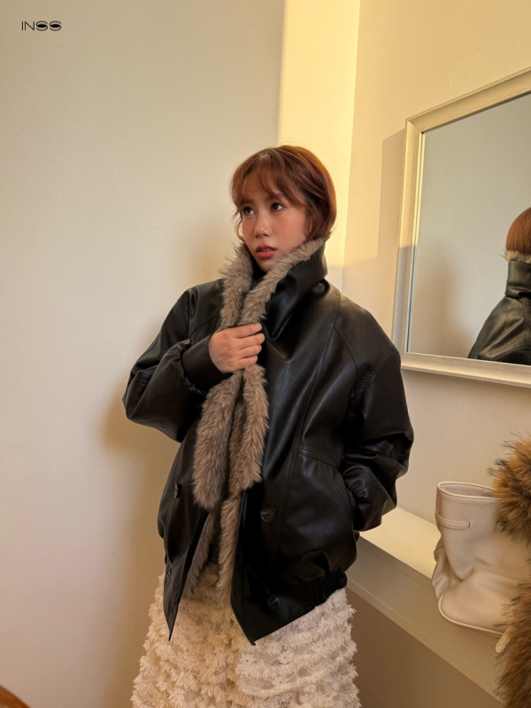 Kožená bunda z umelej kože s kožušným golierom, Turn-Down golier, voľný strih, jednoredové zapínanie