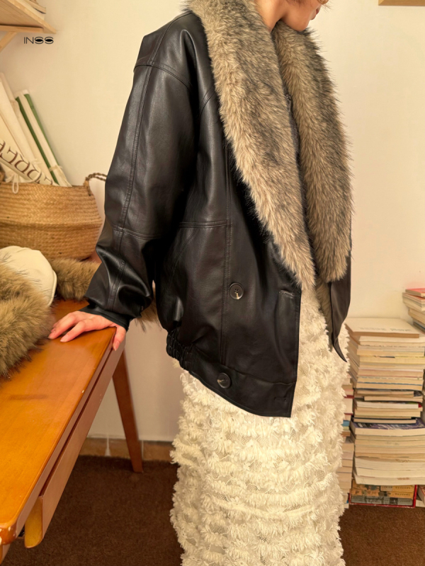 Kožená bunda z umelej kože s kožušným golierom, Turn-Down golier, voľný strih, jednoredové zapínanie