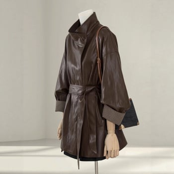 Kožená bunda / kabát z umelej kože, voľný strih, stojatý golier, zapínanie na patentky, stredná dĺžka, jeseň 2025