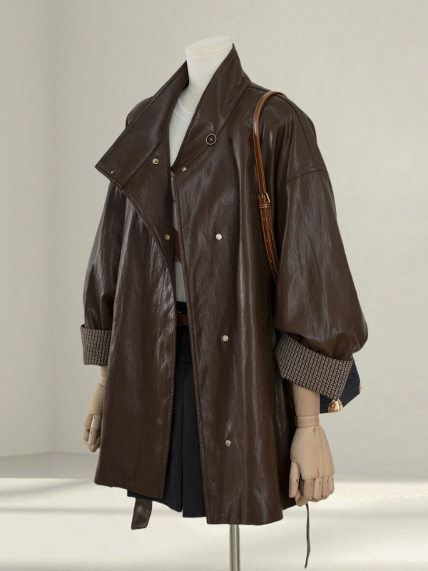 Kožená bunda / kabát z umelej kože, voľný strih, stojatý golier, zapínanie na patentky, stredná dĺžka, jeseň 2025