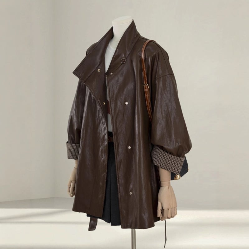 Kožená bunda / kabát z umelej kože, voľný strih, stojatý golier, zapínanie na patentky, stredná dĺžka, jeseň 2025