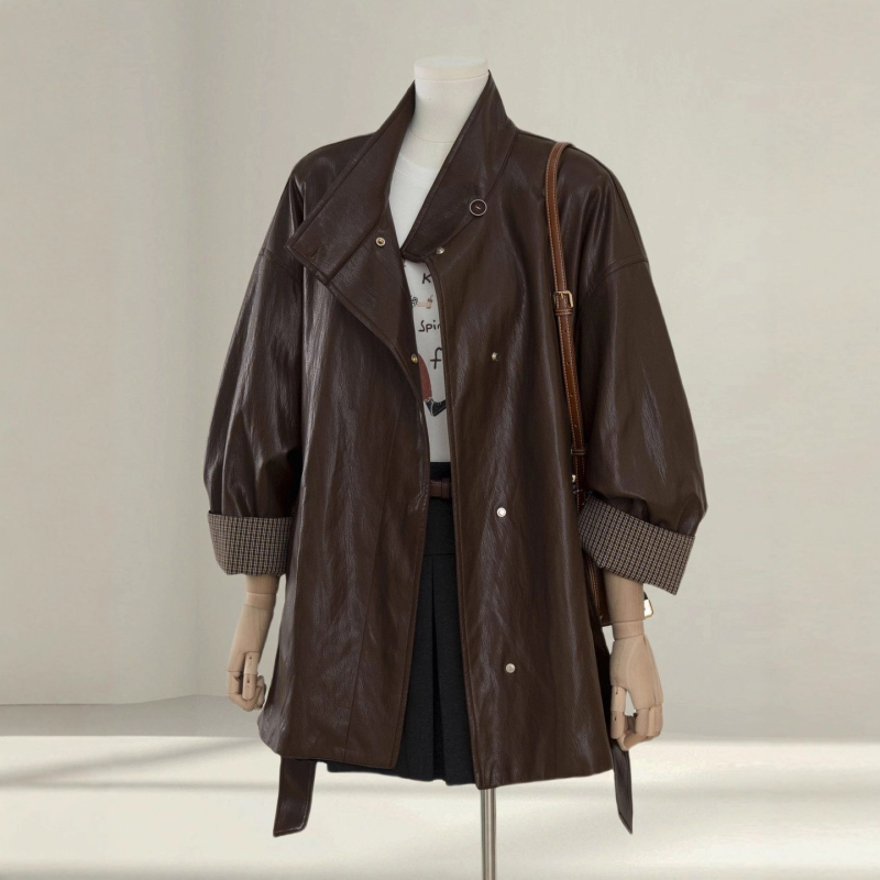 Kožená bunda / kabát z umelej kože, voľný strih, stojatý golier, zapínanie na patentky, stredná dĺžka, jeseň 2025