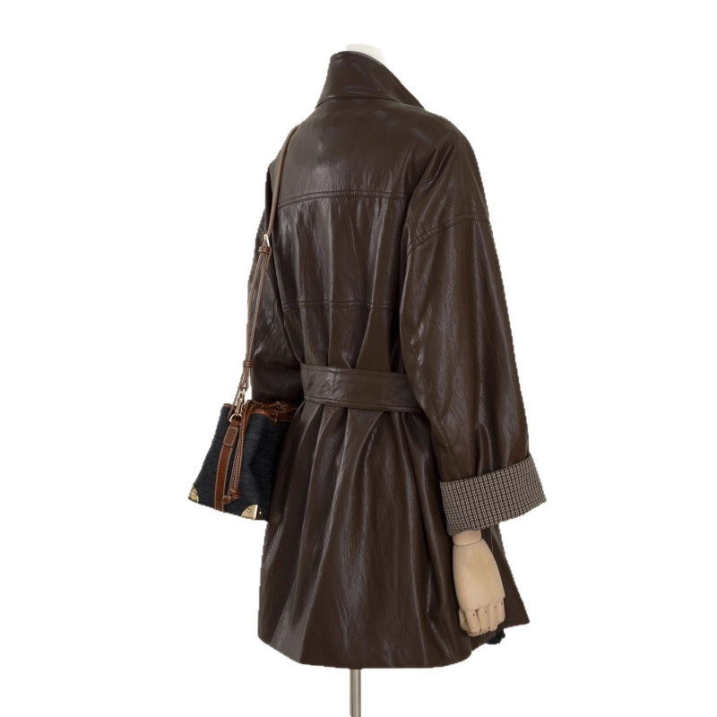 Kožená bunda / kabát z umelej kože, voľný strih, stojatý golier, zapínanie na patentky, stredná dĺžka, jeseň 2025