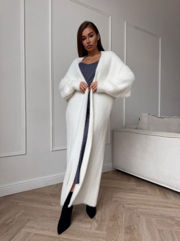 Bijeli dugi kardigan-palto od umjetnog mink velura za žene, oversize kroj za jesen i zimu, mekan i topao