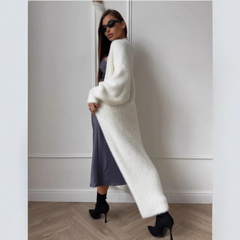 Bijeli dugi kardigan-palto od umjetnog mink velura za žene, oversize kroj za jesen i zimu, mekan i topao