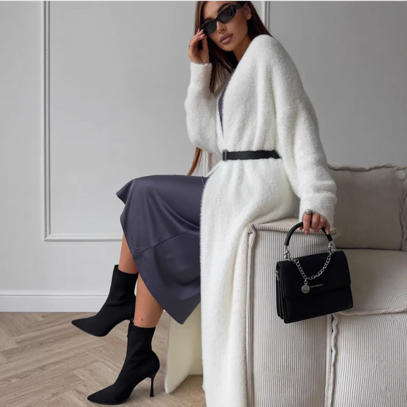 Bijeli dugi kardigan-palto od umjetnog mink velura za žene, oversize kroj za jesen i zimu, mekan i topao