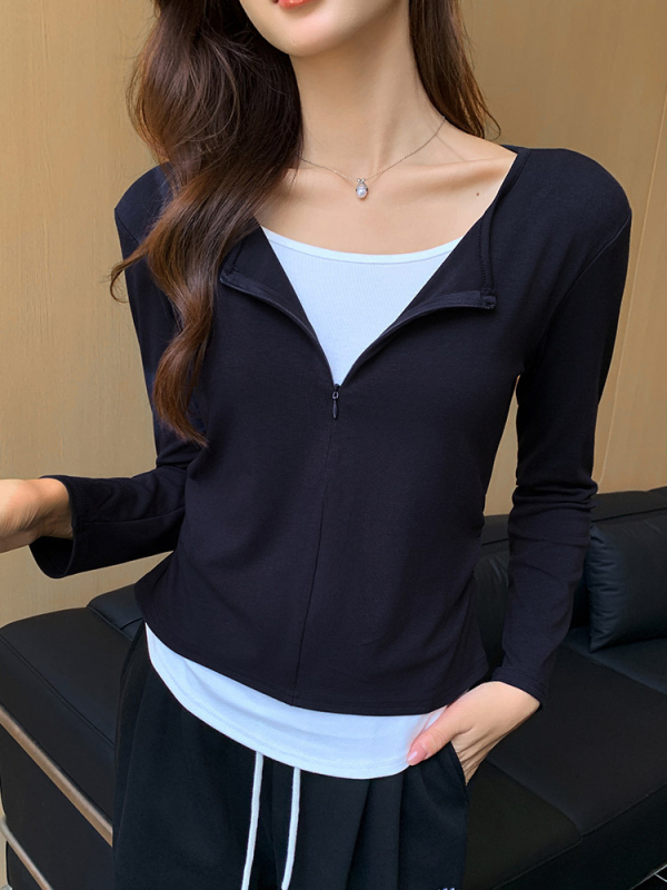 Majica od viskoze i spandeksa, dugi rukav, nisko okrugli izrez, japansko-korejski casual stil