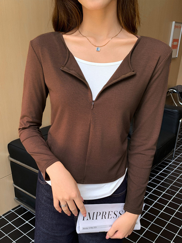 Majica od viskoze i spandeksa, dugi rukav, nisko okrugli izrez, japansko-korejski casual stil