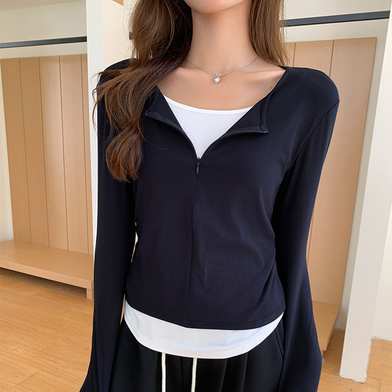 Majica od viskoze i spandeksa, dugi rukav, nisko okrugli izrez, japansko-korejski casual stil