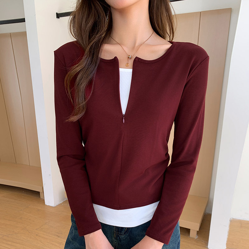 Majica od viskoze i spandeksa, dugi rukav, nisko okrugli izrez, japansko-korejski casual stil