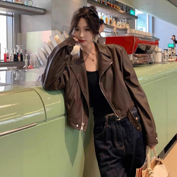 Dámska kožená biker bunda z umelej kože, dlhé rukávy, baseball golier, dlhý strih, bežný strih