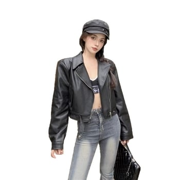 Dámska kožená biker bunda z umelej kože, dlhé rukávy, baseball golier, dlhý strih, bežný strih