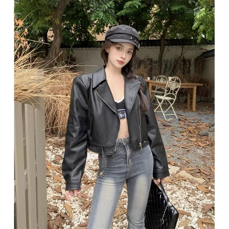 Dámska kožená biker bunda z umelej kože, dlhé rukávy, baseball golier, dlhý strih, bežný strih