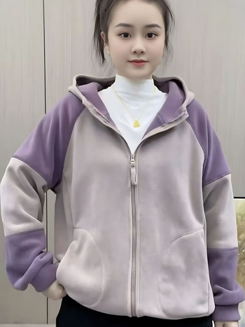 Γυναικείο φούτερ φλίς με κουκούλα και φερμουάρ, πάνελ patchwork, ύφασμα polar fleece, μίξη βαμβακιού-πολυεστέρα, χαλαρή γραμμή