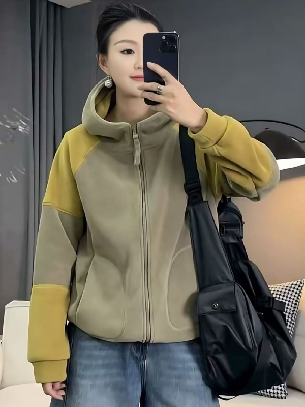 Γυναικείο φούτερ φλίς με κουκούλα και φερμουάρ, πάνελ patchwork, ύφασμα polar fleece, μίξη βαμβακιού-πολυεστέρα, χαλαρή γραμμή