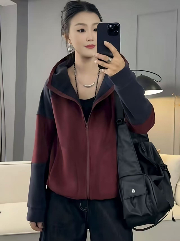 Γυναικείο φούτερ φλίς με κουκούλα και φερμουάρ, πάνελ patchwork, ύφασμα polar fleece, μίξη βαμβακιού-πολυεστέρα, χαλαρή γραμμή